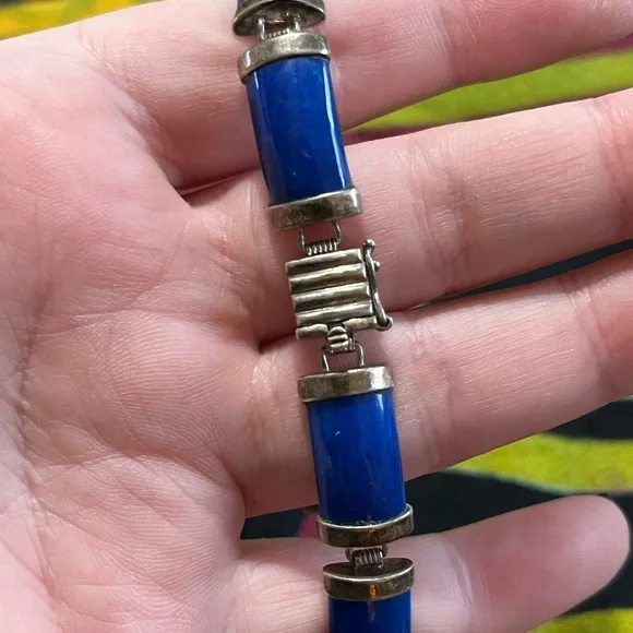 VTG Lapis Lazuli Stone Panel Sterling Silver 925 China Bracelet - Picture 3 of 9